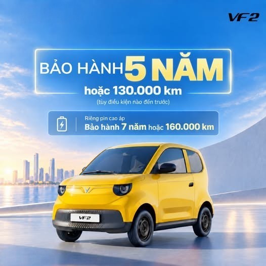 Không chỉ dễ tiếp cận và linh hoạt cho nhu cầu di chuyển hằng ngày, VF 2 còn mang đến sự yên tâm với chính sách bảo hành rõ ràng: 5 năm hoặc 130.000 km cho xe và 7 năm hoặc 160.000 km dành riêng cho pin cao áp, tùy điều kiện nào đến trước.
